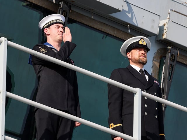 On July 30, HMS Queen Elizabeth conducted a ceremonial sail past of HMS Tyne, who is acting as the guard ship for Cowes Week.