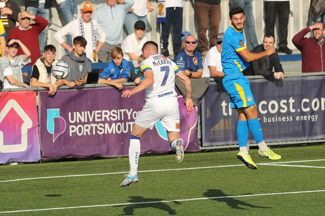 Jake McCarthy heads Hawks into a 2-0 lead against Concord Rangers. Picture: Dave Haines.