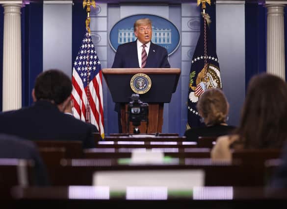 US President Donald Trump speaking in the briefing room at the White House on November 5, 2020 in Washington, DC, with votes still being counted two days after the presidential election. Photo by Chip Somodevilla/Getty Images