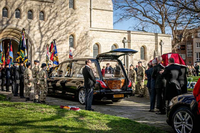 Funeral of D-Day veteran, Arthur Bailey at Portsmouth Cathedral on Thursday 23rd February 2023
Pictured: Arthur Bailey's coffin being carried into Portsmouth Cathedral
Picture: Habibur Rahman