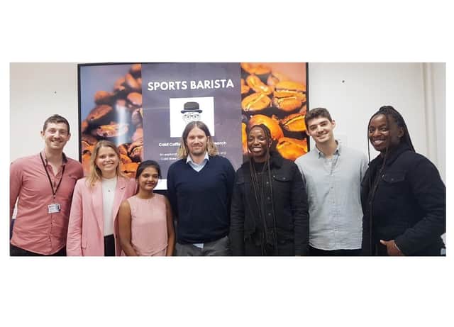 The winners of the Insight Showcase with Dr Gareth Beeston (Seminar Tutor) and Fraser Cameron (Co-Founder, Sport’s Barista)