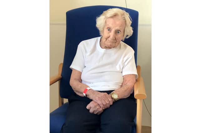 Carrie Pollock, 99, Hayling Island, recovered from Covid-19 after care at QA hospital.
Pictured is: Carrie Pollock at QA after recovering from Covid-19.
Picture: Queen Alexandra Hospital