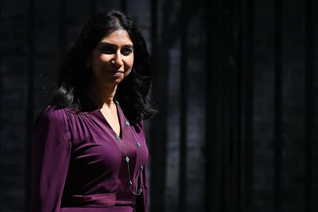 Britain's Attorney General Suella Braverman leaves at the end of a cabinet meeting in Downing Street in London.