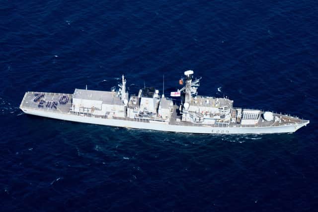 The ship’s company of HMS Lancaster spelled "E II R" on the flight deck while the Portsmouth-based warship patrolled UK waters. It is now set to undertake a three year mission in the Gulf.