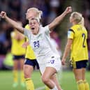 Alessia Russo celebrates scoring England's third goal during last night's Women's Euro 2022 semi-final win against Sweden. Photo by Naomi Baker/Getty Images