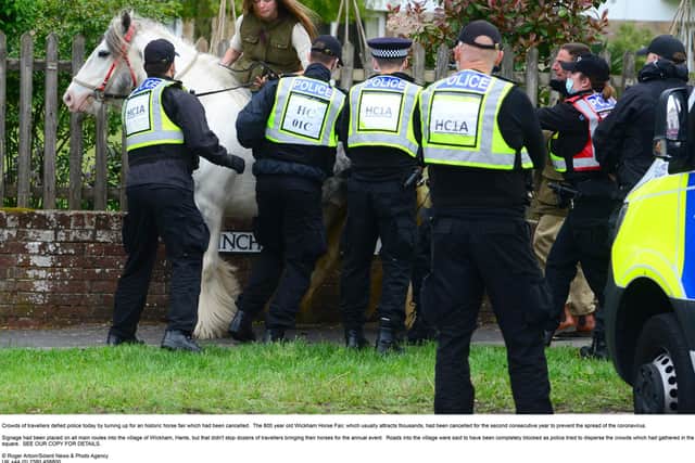 One young woman said she felt 'harassed' after police attempted to block the horse she was riding from joining the large crowd gathered in Wickham. Picture: Roger Arbon/Solent News & Photo