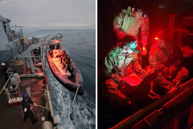 HMS Tamar launches her sea boat carryng two REMUS 100 vehicles at dusk, and the American EOD team on HMS Tamar work by night to plan a Remus mission