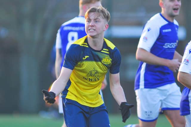 Moneyfields' Toby Toman reacts during his side's 2-0 loss to Denmead at Front Lawn. Picture: Martyn White