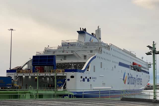 Brittany Ferries' new eco ship, the Salamanca, pictured stuck in a Spanish port following a technical issue with its engine. Photo: Adam Yates.