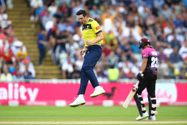Hampshire bowler Chris Wood celebrates dismissing Somerset opener Will Smeed. Photo by Ashley Allen/Getty Images.