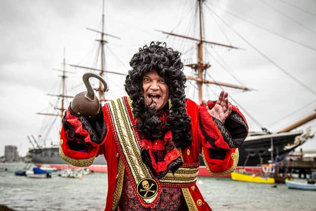Sean Williamson as Captain Hook near HMS Warrior at the Historic Dockyard. Picture: Habibur Rahman