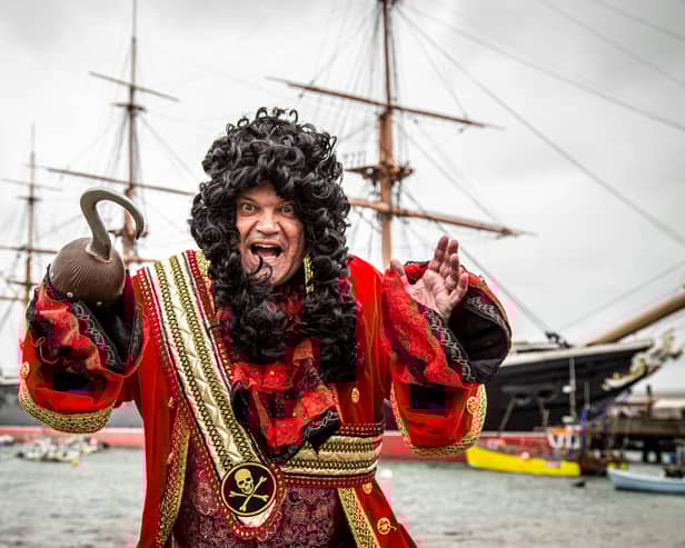 Sean Williamson as Captain Hook near HMS Warrior at the Historic Dockyard. Picture: Habibur Rahman