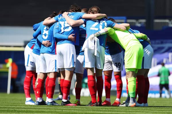 The Pompey players in their pre-match huddle before Saturday's 1pm kick-off against Bristol Rovers at Fratton Park