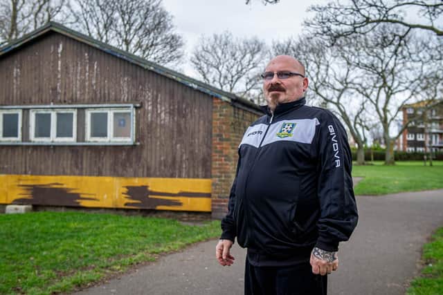 A match between AFC Eastney first team and Freehouse A, in the City of Portsmouth Sunday League, was abandoned at half-time on Sunday (February 6) after the AFC Eastney dressing room was burgled during the game. Pictured: John Bradford outside the changing rooms of Bransbury park football pitches, Southsea, on Tuesday February 8, 2022. Picture: Habibur Rahman.