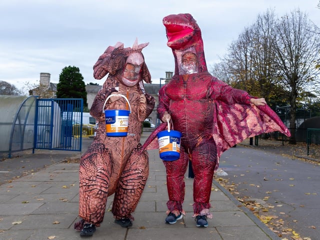 MNDA charity dinosaur fundraisers at the Gosport Half Marathon.  Photos by Alex Shute