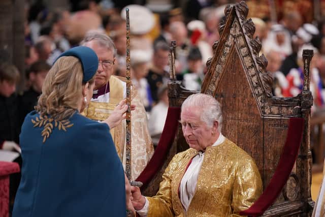 Penny Mordaunt presenting the Sword of State, to King Charles III during his coronation ceremony in Westminster Abbey, London. Picture: Victoria Jones/PA Wire