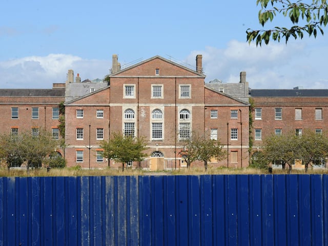 The 'centre' of the three-sided hospital building will be one of the next phases of development on the site and will be transformed into more apartments with landscaping to in front. The buildings which stood inside the courtyard area have now been demolished. Picture: Sarah Standing (290824-5760)