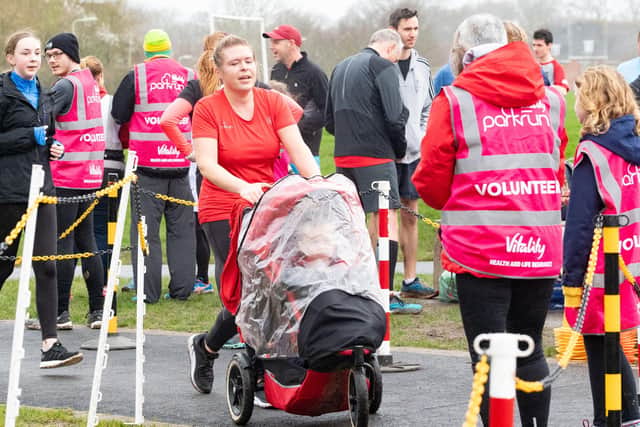 Hayley Dunford takes to the Whiteley course with a pram. Picture: Keith Woodland (22022020-63)