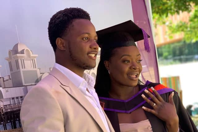 Doyinsola Moses Akintioye proposed to Deborah Kabongo at her University of Portsmouth graduation ceremony on Friday. Picture: Damilola Adekanmbi.
