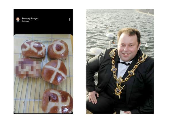 The hot cross buns baked by Portsmouth Conservative councillor Lee Mason, right, including one that looks like it has a swastika emblazoned on it and another which has an obscenity - blurred out