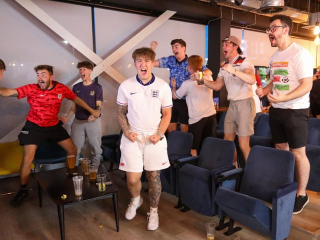 Celebrating the Watkins winner. Fans watch Netherlands v England, UEFA Euros 2024 semi-final played in Dortmund, at Village Hotel, Lakeshore Drive, CoshamPicture: Chris  Moorhouse (100724-092)