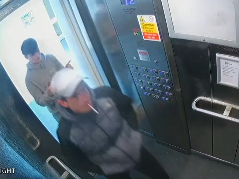 Aiden West and friend Liam Savage (wearing cap) on CCTV in a lift in Harbour Tower after the murder of Levi Kent