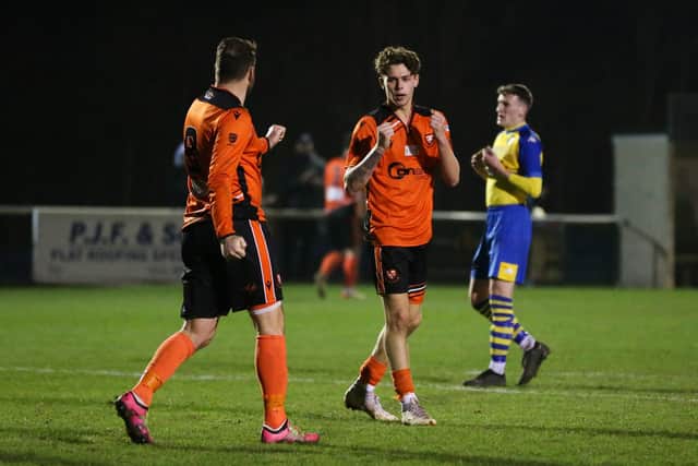 Harrison Brook, right, celebrates another Portchester goal. Picture: Nathan Lipsham