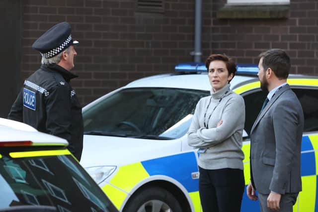 (left to right) Adrian Dunbar, Vicky McClure and Martin Compston on the set of the sixth series of Line of Duty. Picture: Liam McBurney/PA Wire