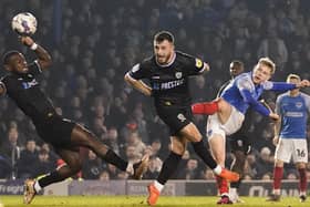 Portsmouth forward Paddy Lane shoots during the EFL Sky Bet League 1 match between Portsmouth and Burton Albion at Fratton Park, Portsmouth, England on 14 February 2023.