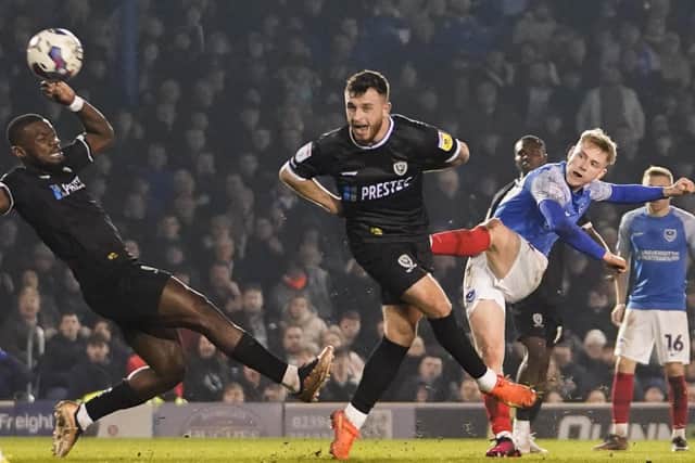 Portsmouth forward Paddy Lane shoots during the EFL Sky Bet League 1 match between Portsmouth and Burton Albion at Fratton Park, Portsmouth, England on 14 February 2023.