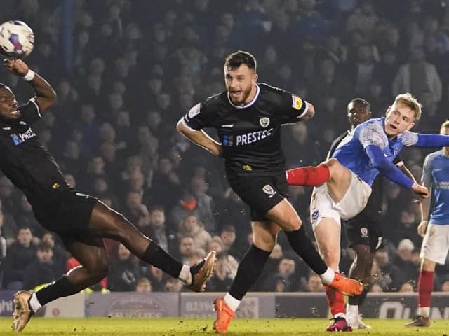 Portsmouth forward Paddy Lane shoots during the EFL Sky Bet League 1 match between Portsmouth and Burton Albion at Fratton Park, Portsmouth, England on 14 February 2023.