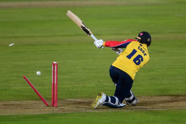 Essex's Sam Cook is clean bowled by Chris Wood. Photo by Mike Hewitt/Getty Images.