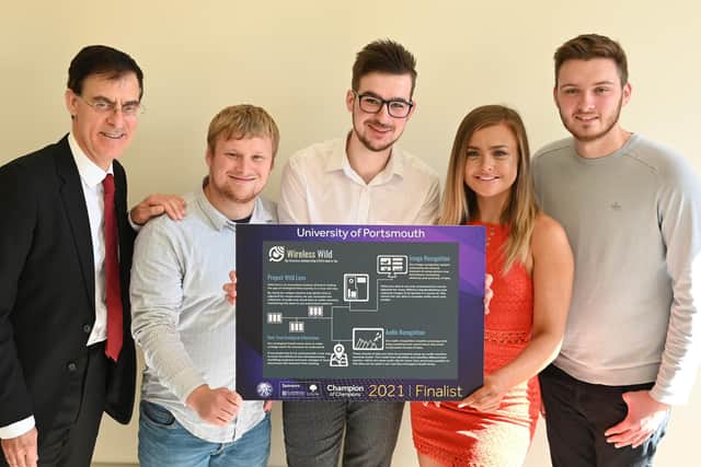 Engineers in Business Competition Finalists: (Left to right) Sainsbury Management Fellow William Burton, a serial entrepreneur, Samuel Gandy, Robert Ball, Victoria Yates and Kieran Wright from the University of Portsmouth.