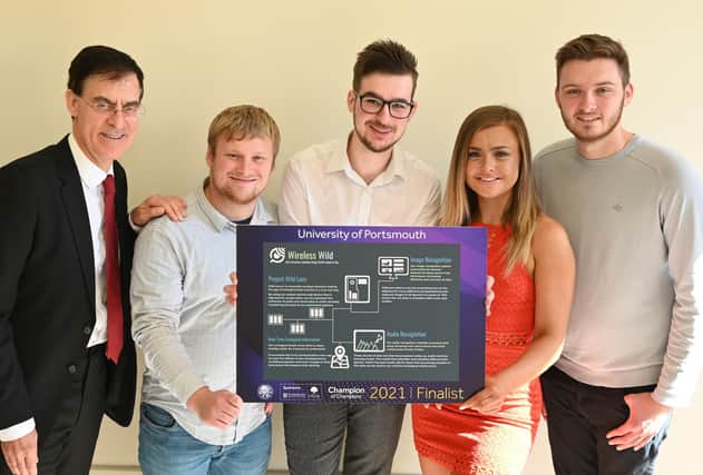 Engineers in Business Competition Finalists: (Left to right) Sainsbury Management Fellow William Burton, a serial entrepreneur, Samuel Gandy, Robert Ball, Victoria Yates and Kieran Wright from the University of Portsmouth.