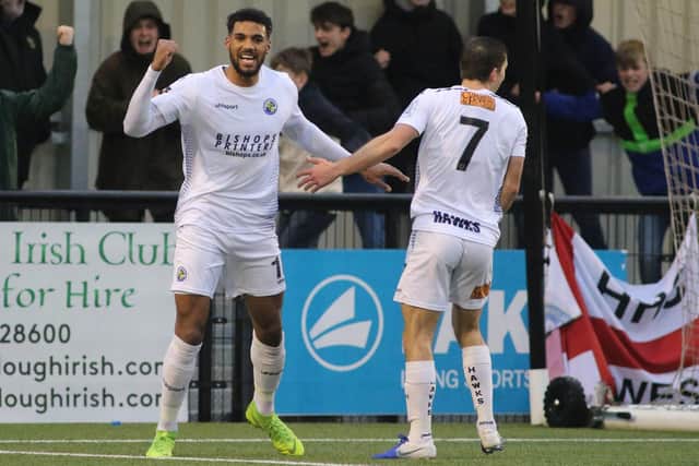 Jonah Ayunga (left) and Wes Fogden after the former's equaliser at Slough Town in February. Photo By Kieron Louloudis