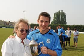 Flashback - Barry Campbell presents the Portsmouth Dockyard League's John Sugden Cup to Co-Op Dragons' Robert Crook after his side's victory over Star Electrical at Moneyfields FC in 2011. Picture: Malcolm Wells