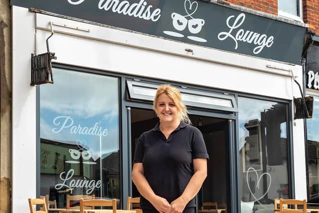 Sarah Edwards (45) outside her new venture, the Paradise Lounge in Fareham. Picture: Mike Cooter (060821)