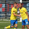 Dan Gifford (left) celebrating a Hawks goal in last Saturday's 5-1 win over Moneyfields. Picture: Dave Haines