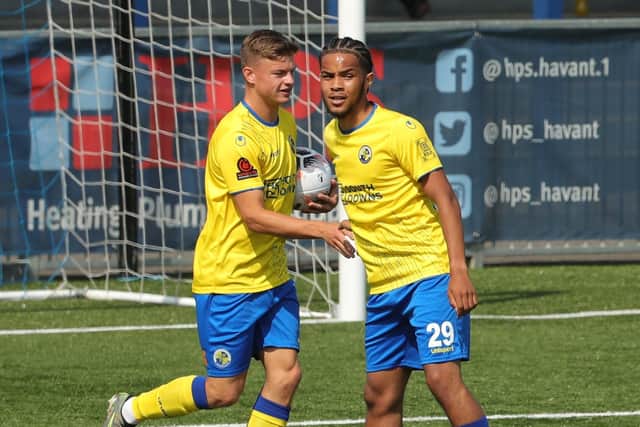 Dan Gifford (left) celebrating a Hawks goal in last Saturday's 5-1 win over Moneyfields. Picture: Dave Haines