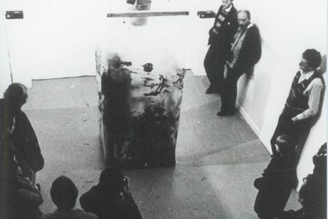 Palestinian artist Mona Hatoum performing as part of the 1982 exhibition Reflections at Aspex Gallery, Portsmouth. It led to the outraged headline in The News: 'Naked in red slime'