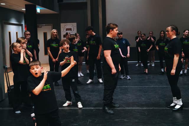 The cast from Performers Theatre Company during rehearsals for Shrek The Musical Jr.