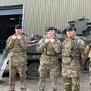 Soldiers from 12 Regiment, Royal Artillery, standing in front of the armoured Stomer vehicle, which can fire a number of high-velocity missiles into the air to destroyer jets and helicopters. Pictured left to right: Gunner Connor Cowan, Gunner Ben Ratcliffe, Lance Bombardier Ben Longley and Bombardier Robin Hearn.