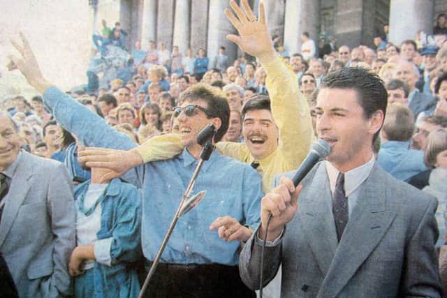 The late Mick Kennedy (far right) takes the stage during Pompey's promotion celebrations in May 1987 in front of Portsmouth's Guildhall