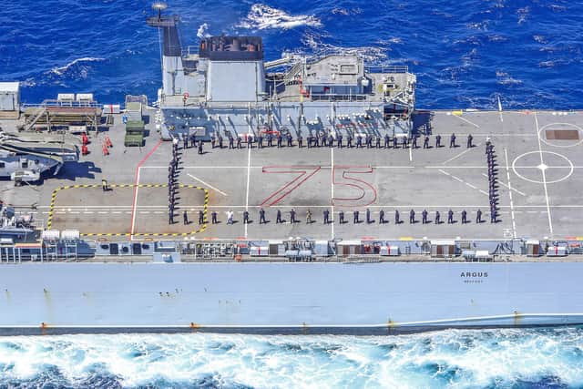 The crew of RFA ARGUS remembers those who served in World War Two and celebrates 75 years since VE Day. Photo: Royal Navy