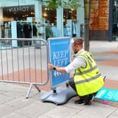 Operations manager Russell Wiseman prepares Whiteley Shopping Centre with safety measures from the most recent guidelines during the Covid-19 pandemic.

Picture: Sarah Standing (160620-7)