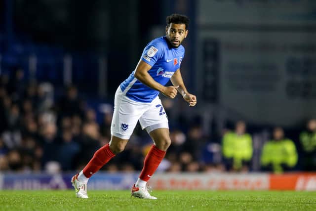 Louis Thompson in action for Pompey last night against Cheltenham