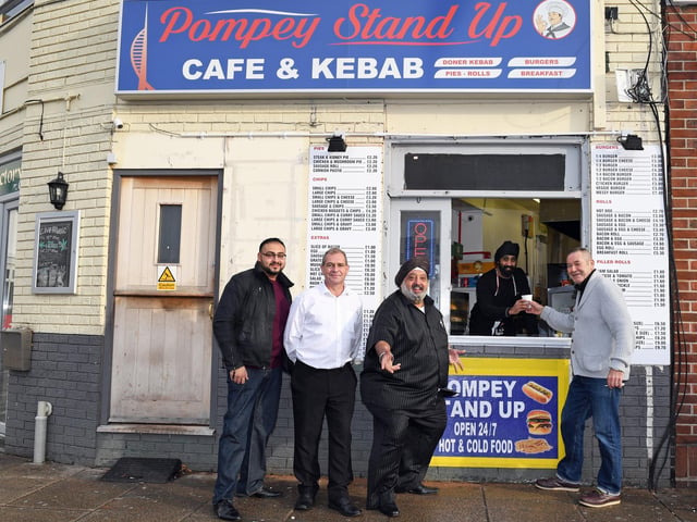 Pompey Stand Up, at The Hard, was rated four following inspection on May 3.
Pictured are (left to right) Gurmukh Singh, Daren Cooper, Jaswant Singh, with Kris Singh serving customer Richard Erdigan.
