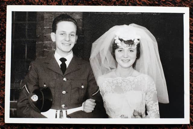 Rosemary and Dave on their wedding day, Dave in his RAF uniform. Picture: Chris Moorhouse   (jpns 181021-39)