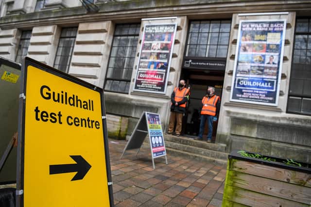 The entrance to the lateral flow testing centre in the Guildhall, Portsmouth. Picture: Finnbarr Webster/Getty Images