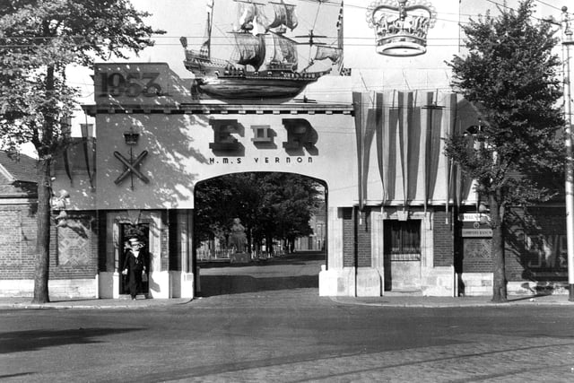 HMS Vernon entrance 1953
This is how HMS Vernon in Portsmouth celebrated Coronation Year, 1953. The News PP4256